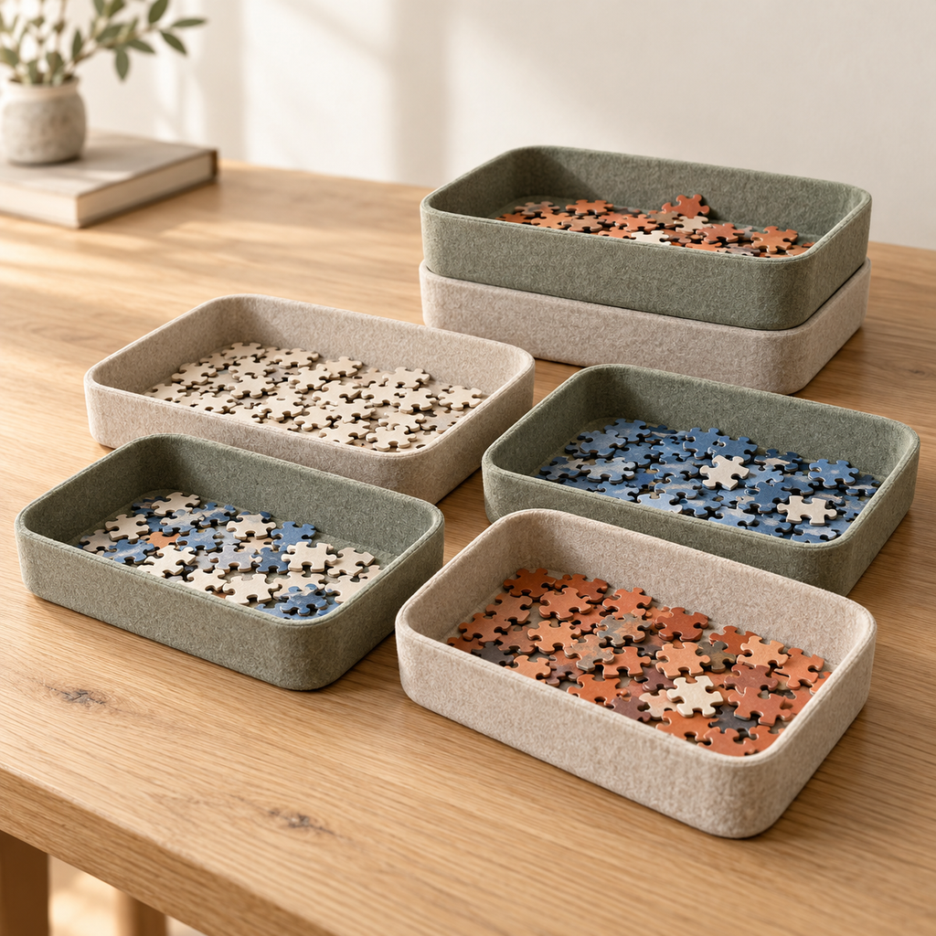 Stackable Felt Puzzle Sorting Trays – 6-Piece Organizer Set in Sage Green & Oatmeal