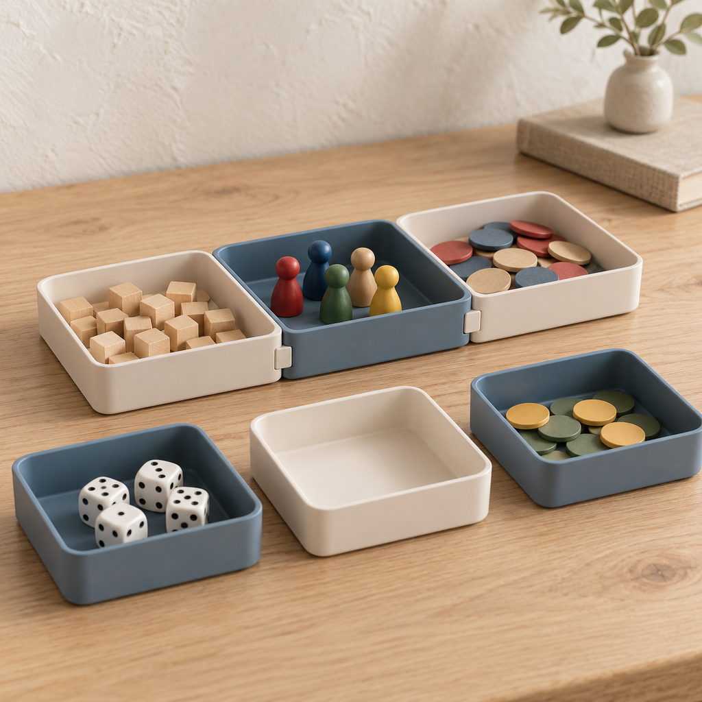 Modular Board Game Component Trays – 6-Piece Connecting Organizer Set in Cream & Slate Blue