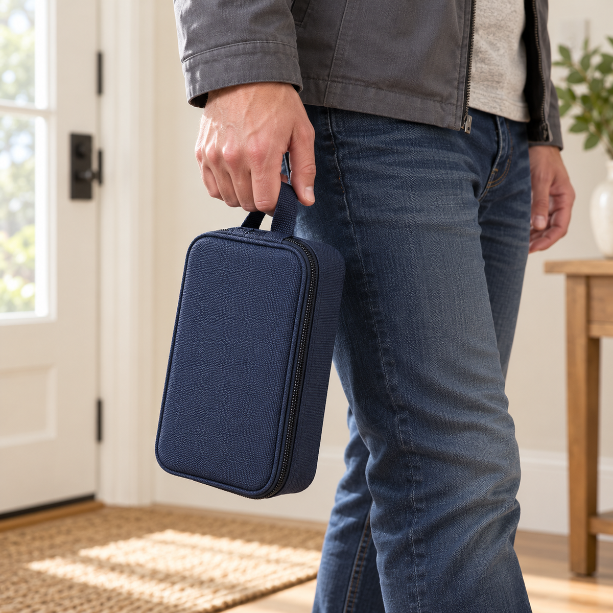 Navy Blue Zippered Card Storage Case with Adjustable Dividers & Carry Handle