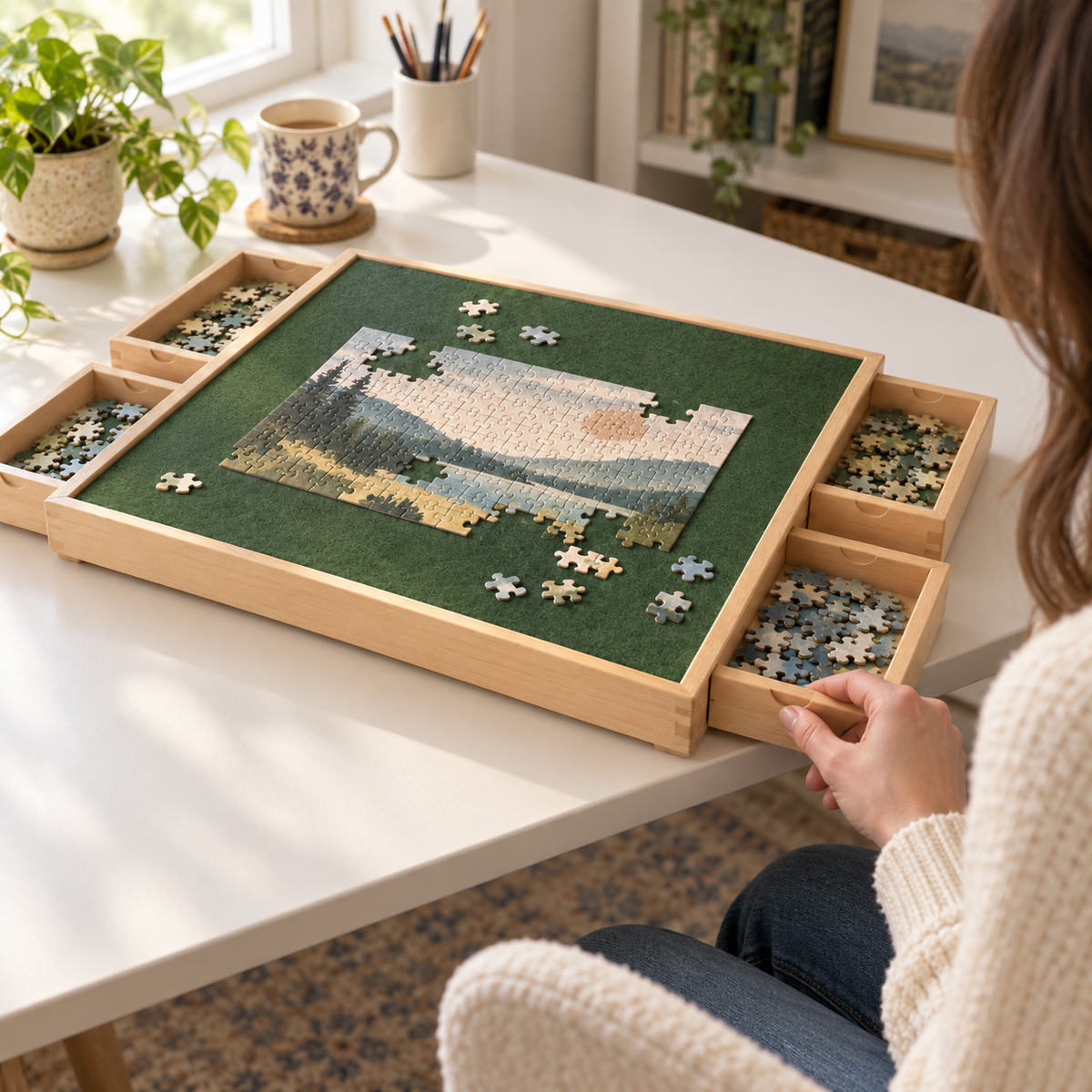 Wooden Puzzle Organizer Board with 4 Sorting Drawers & Forest Green Felt Surface