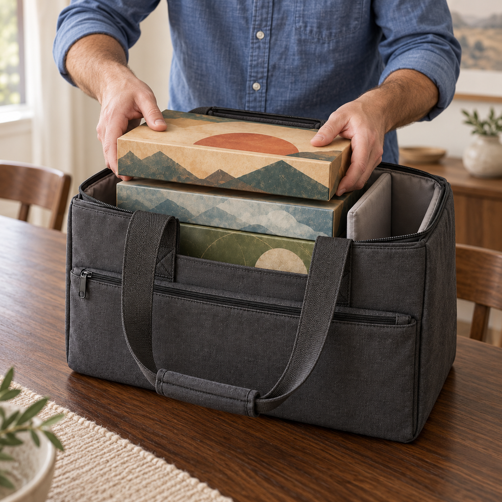Charcoal Board Game Carrying Bag with Padded Interior Divider & Front Zipper Pocket