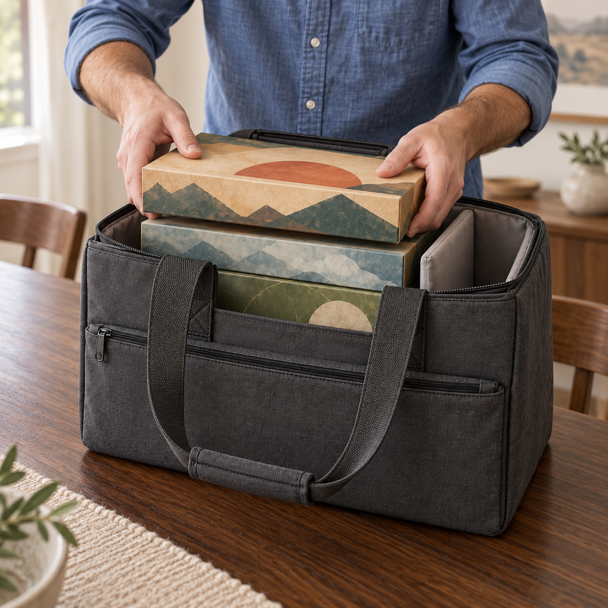 Charcoal Board Game Carrying Bag with Padded Interior Divider & Front Zipper Pocket