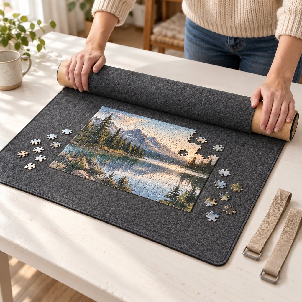 Charcoal Felt Roll-Up Puzzle Storage Mat with Wooden Rolling Tube & Fastening Straps