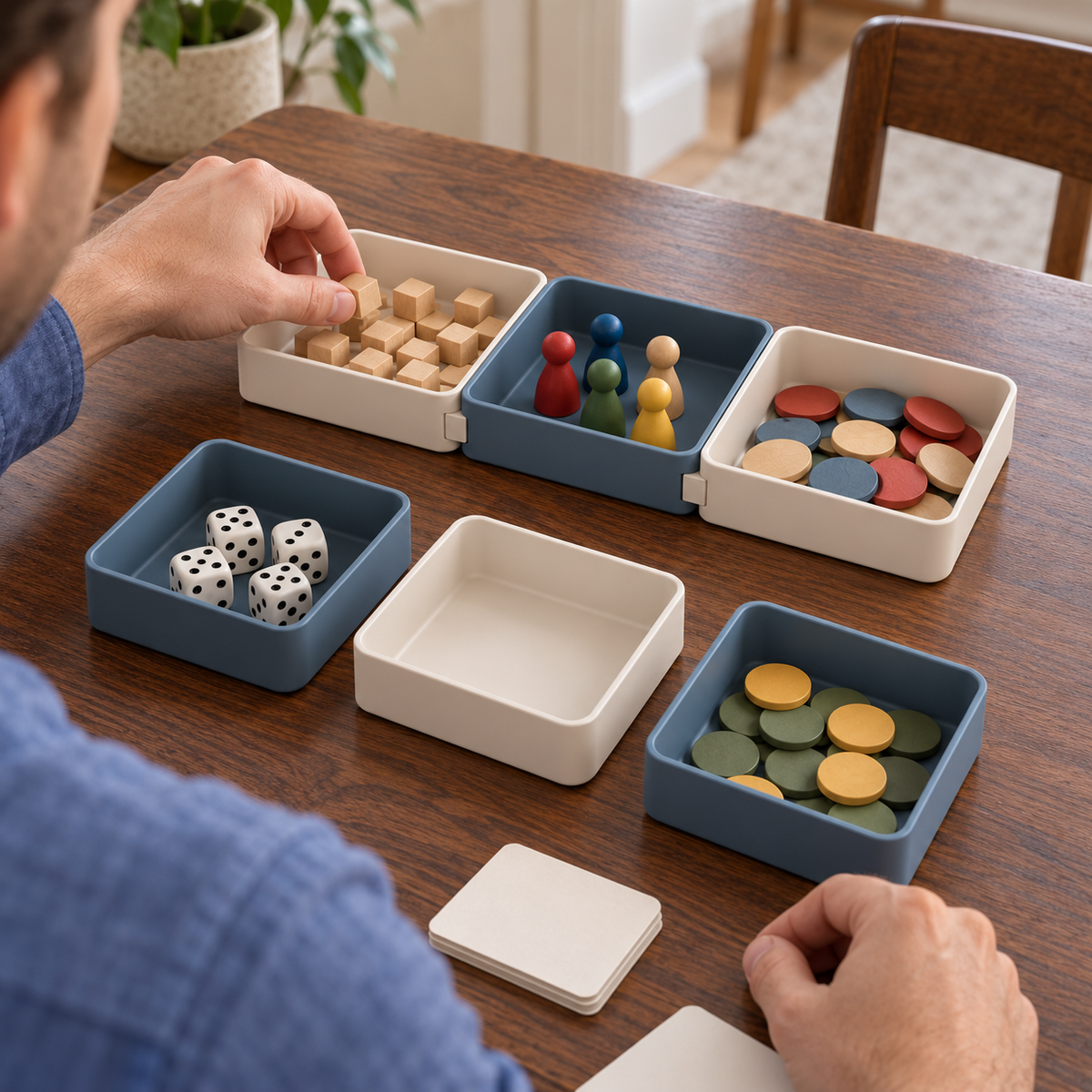 Modular Board Game Component Trays – 6-Piece Connecting Organizer Set in Cream & Slate Blue