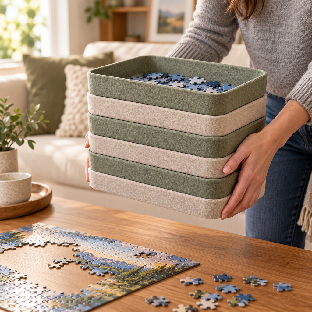 Stackable Felt Puzzle Sorting Trays – 6-Piece Organizer Set in Sage Green & Oatmeal
