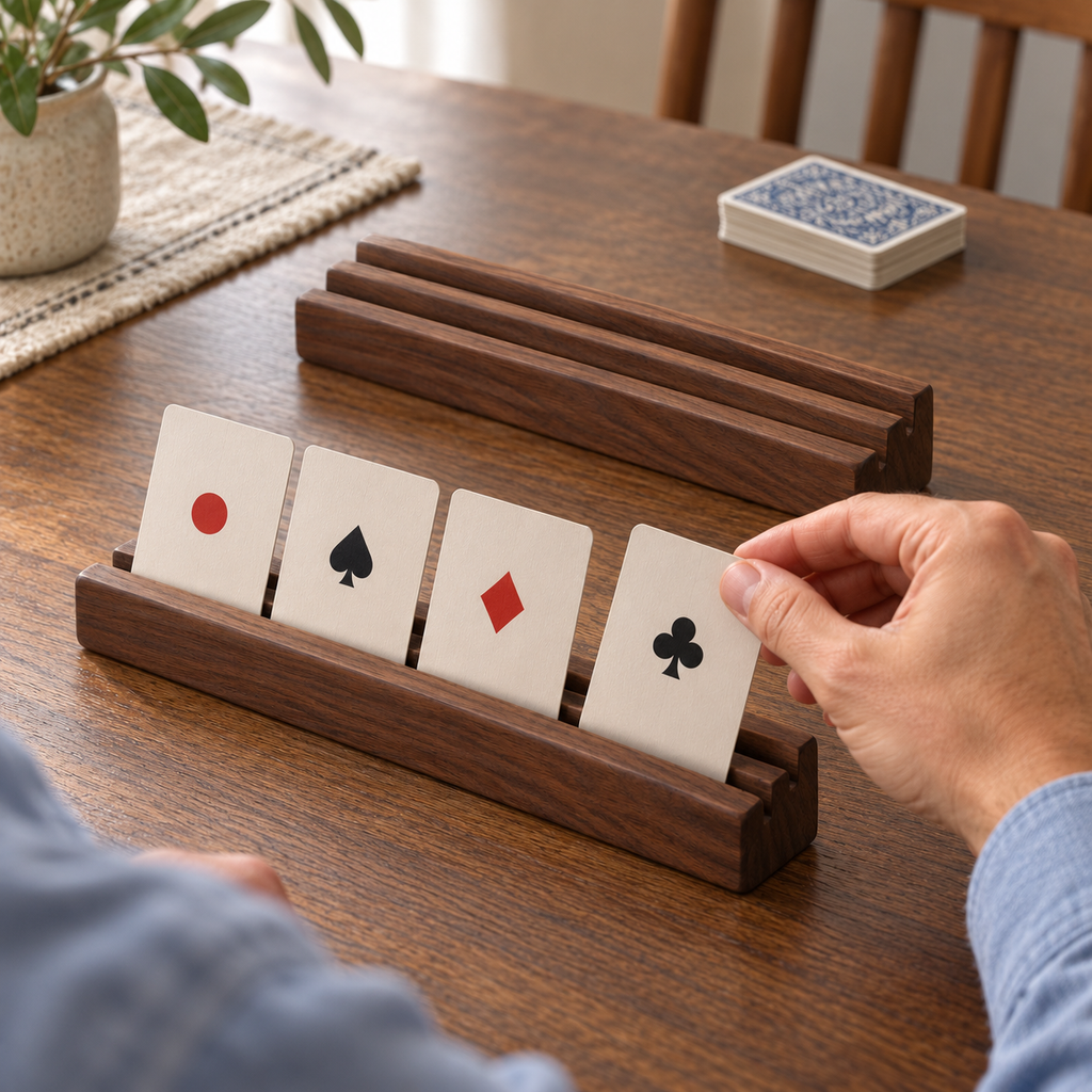 Walnut Wooden Playing Card Holders – 2-Piece Tabletop Display Rack Set with Angled Slots