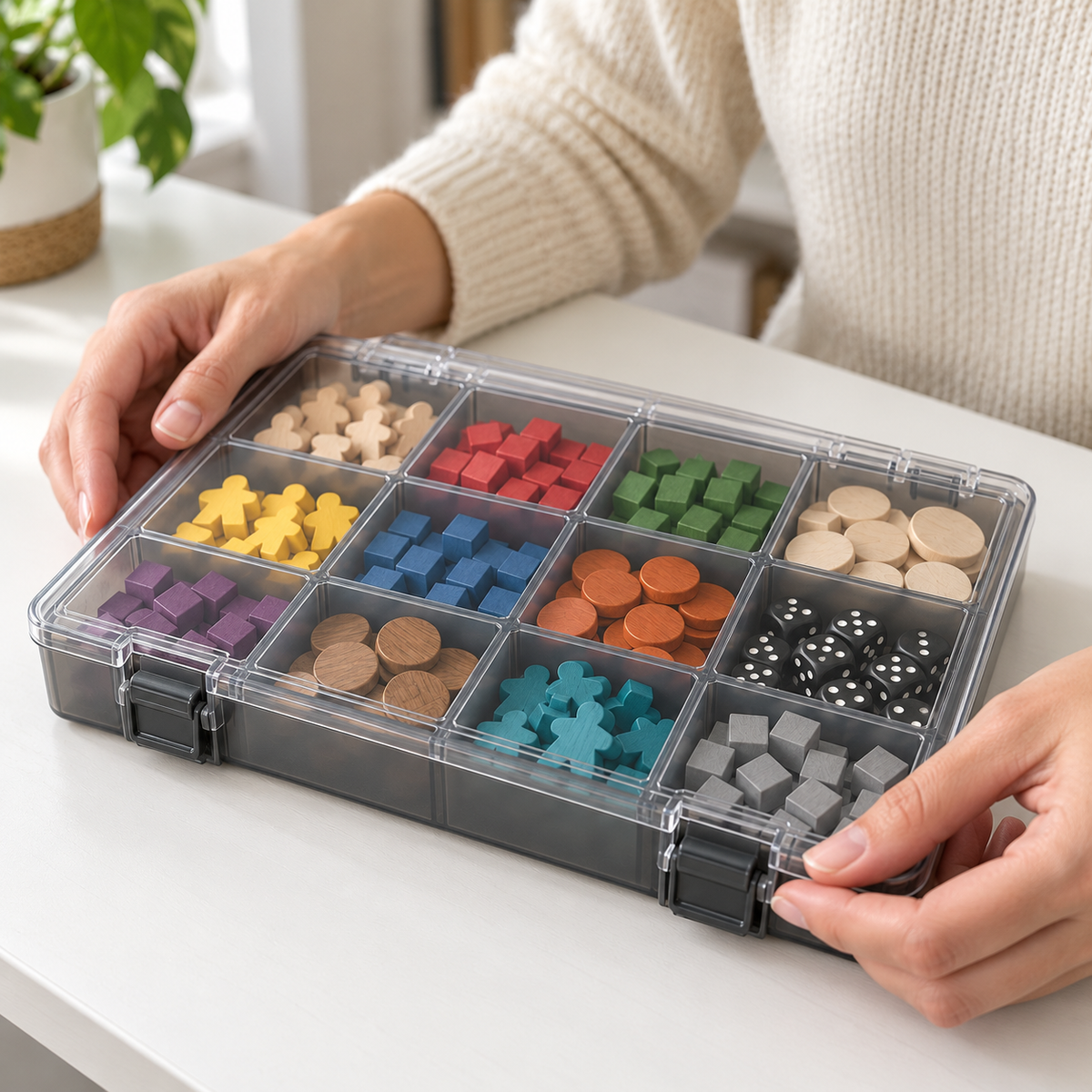 12-Compartment Board Game Storage Box with Clear Hinged Lid & Dual Snap Latches