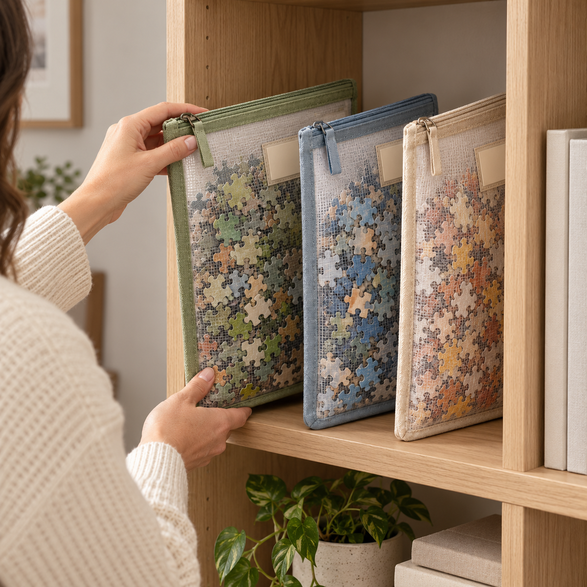 Mesh Zipper Puzzle Storage Bags – 3-Piece Organizer Set with Label Pockets in Sage, Blue & Oatmeal