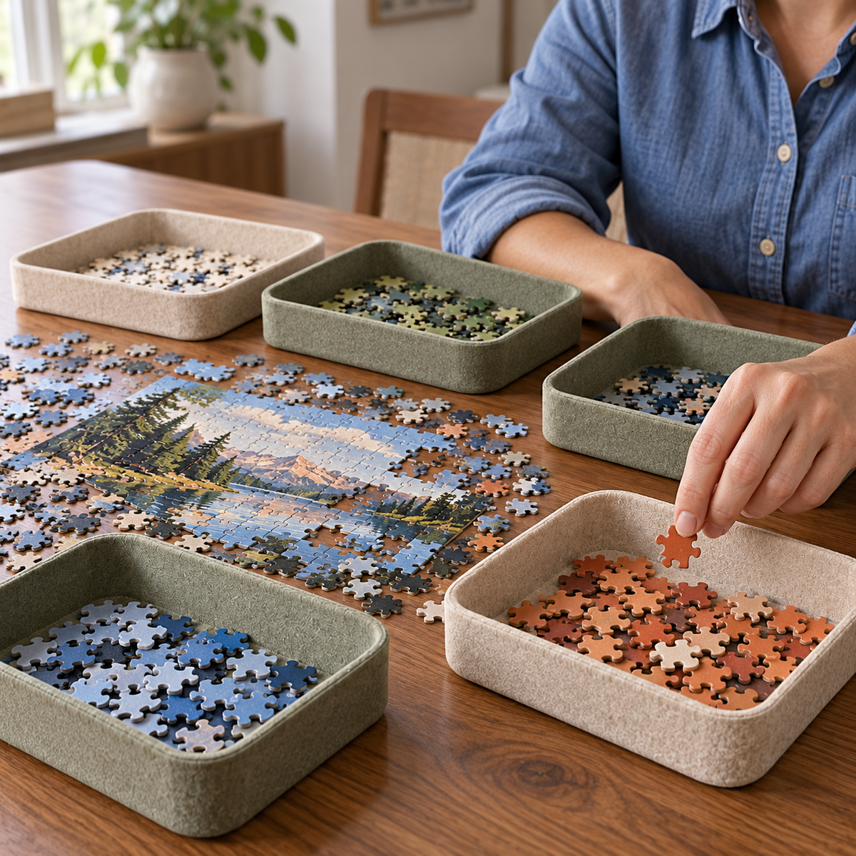 Stackable Felt Puzzle Sorting Trays – 6-Piece Organizer Set in Sage Green & Oatmeal