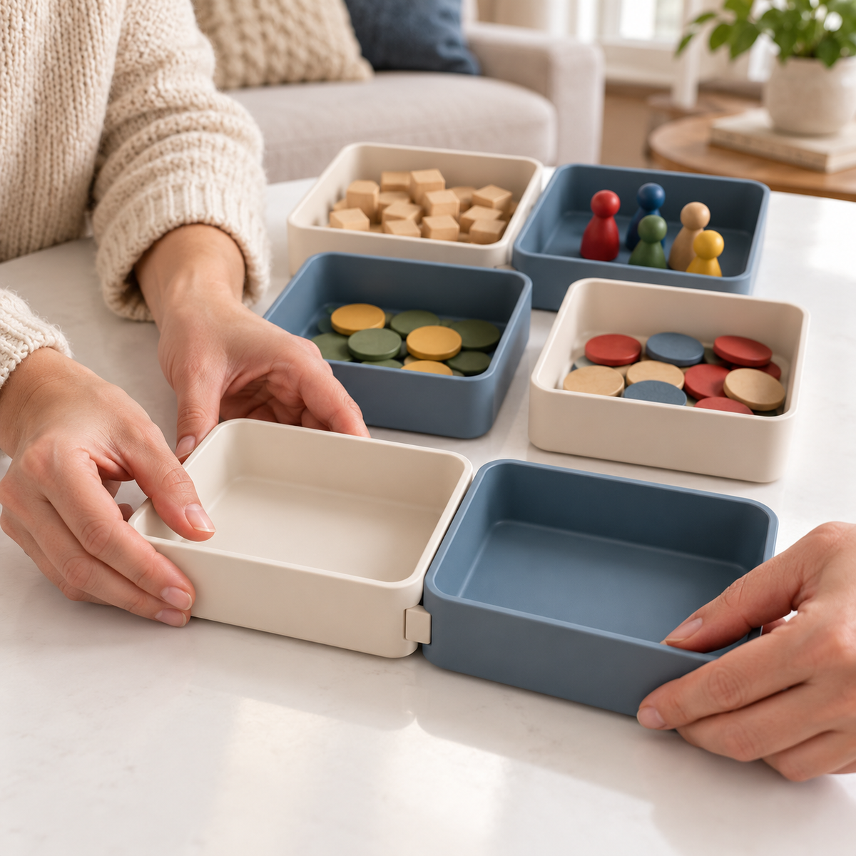 Modular Board Game Component Trays – 6-Piece Connecting Organizer Set in Cream & Slate Blue