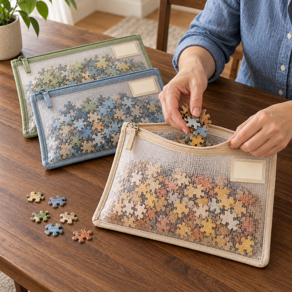 Mesh Zipper Puzzle Storage Bags – 3-Piece Organizer Set with Label Pockets in Sage, Blue & Oatmeal