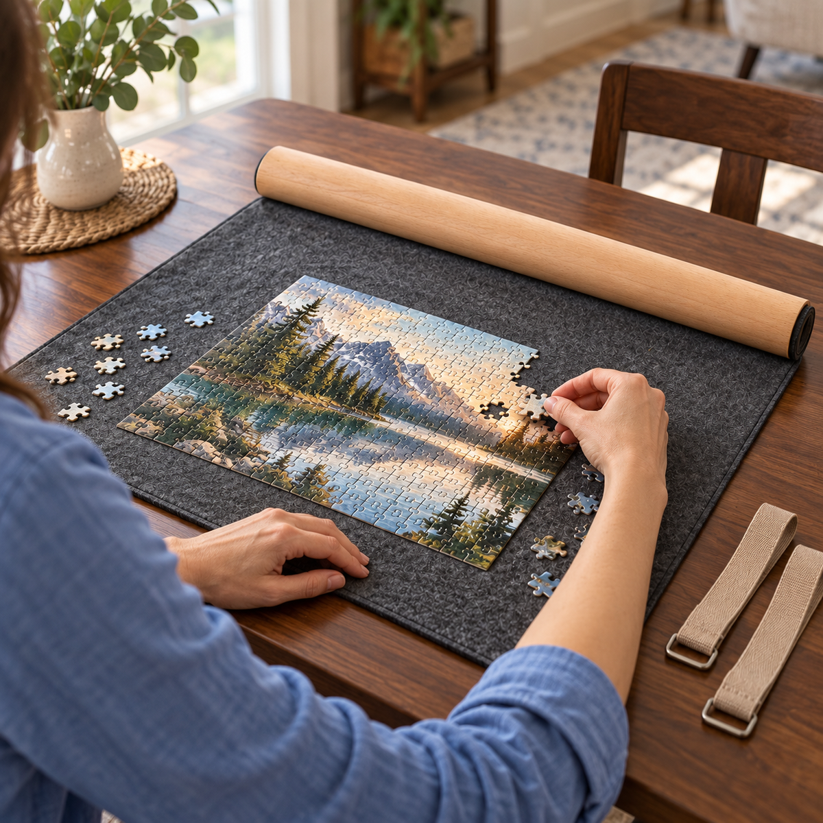 Charcoal Felt Roll-Up Puzzle Storage Mat with Wooden Rolling Tube & Fastening Straps