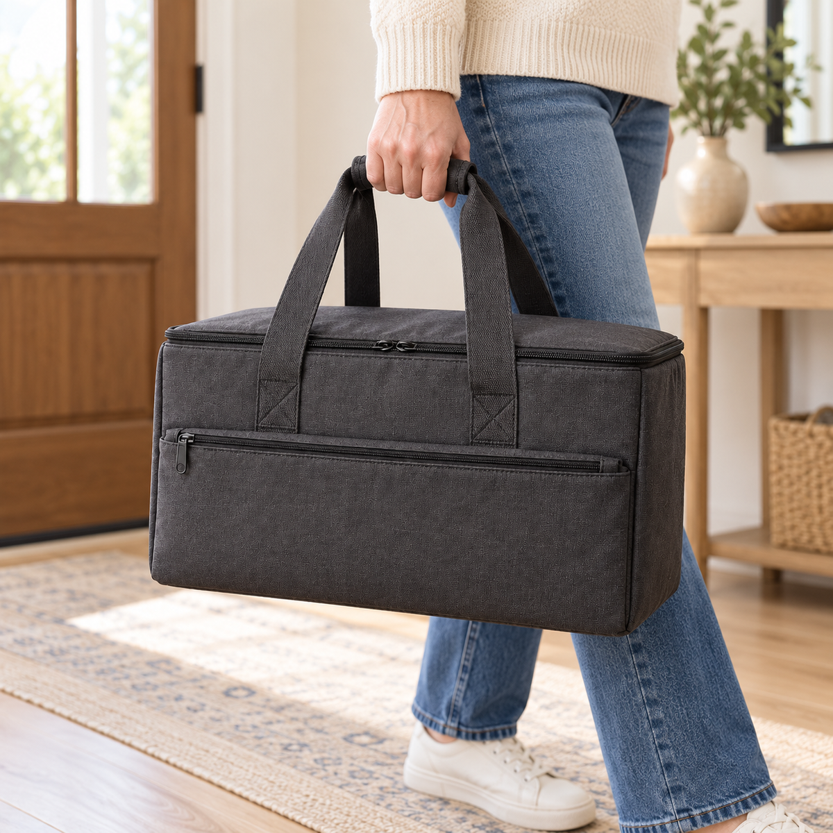 Charcoal Board Game Carrying Bag with Padded Interior Divider & Front Zipper Pocket