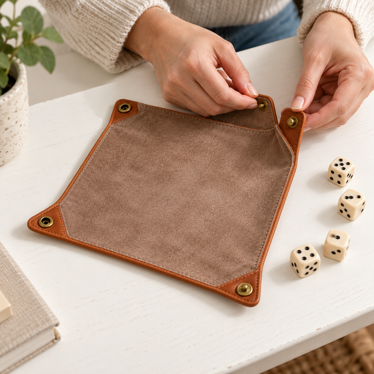 Caramel Folding Dice Tray with Snap Corners & Soft Lining for Tabletop Games