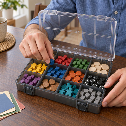 12-Compartment Board Game Storage Box with Clear Hinged Lid & Dual Snap Latches