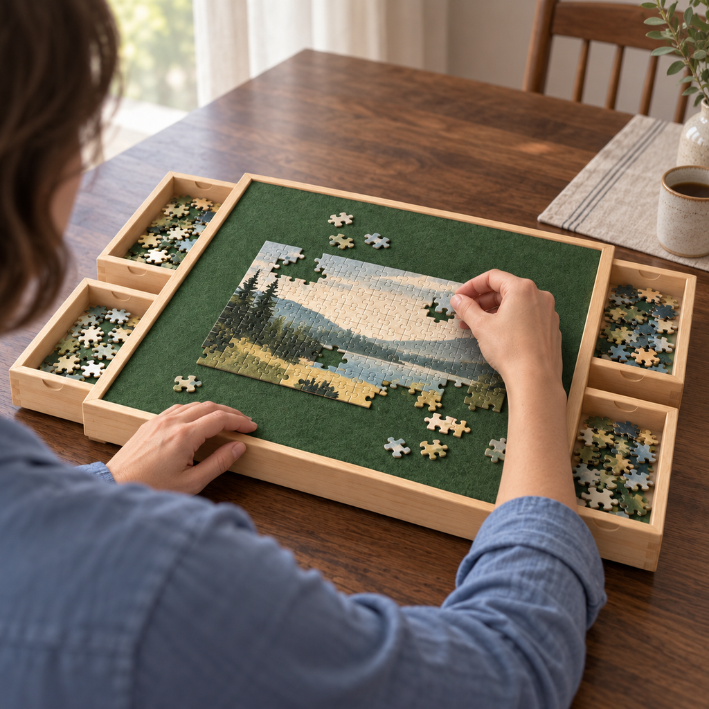 Wooden Puzzle Organizer Board with 4 Sorting Drawers & Forest Green Felt Surface