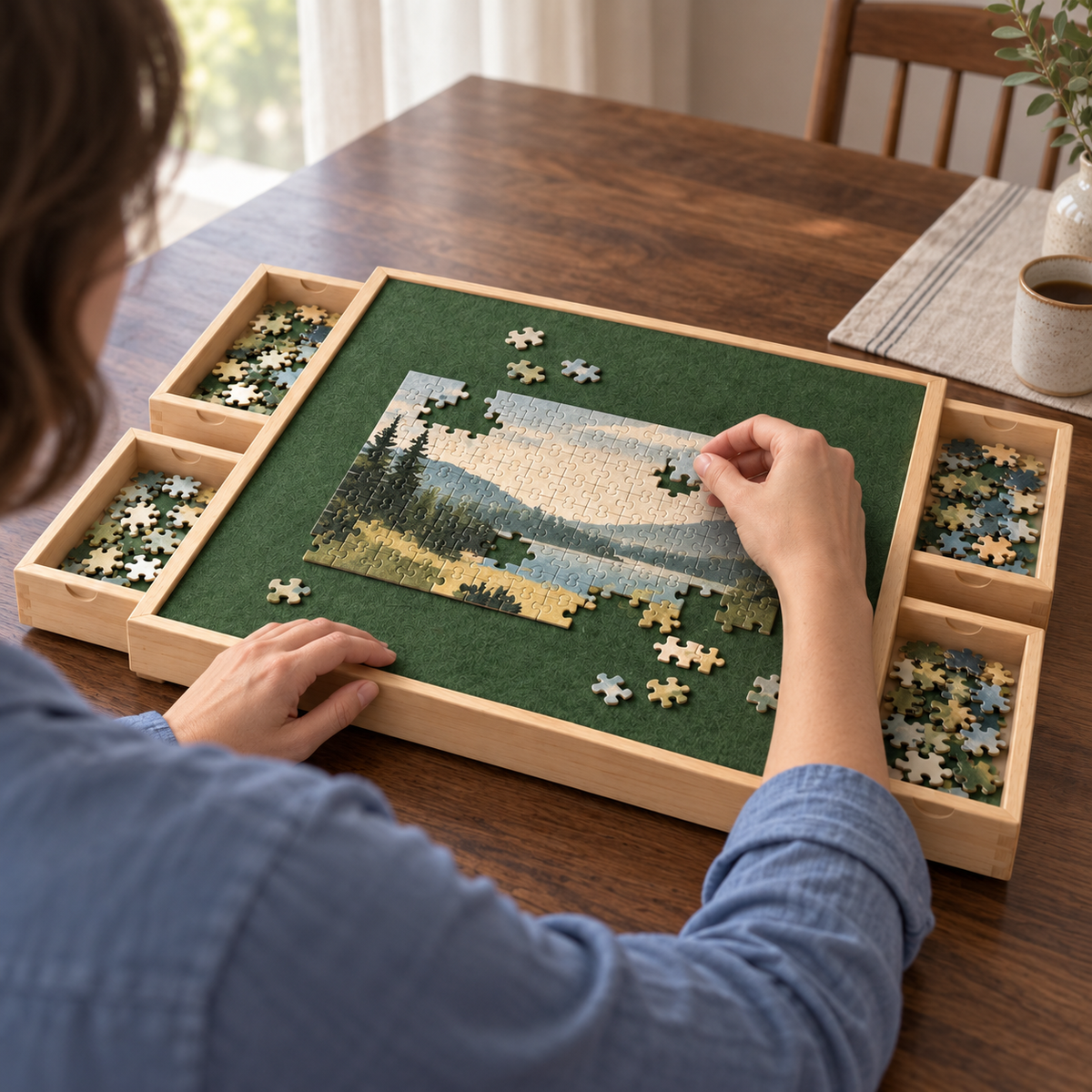 Wooden Puzzle Organizer Board with 4 Sorting Drawers & Forest Green Felt Surface