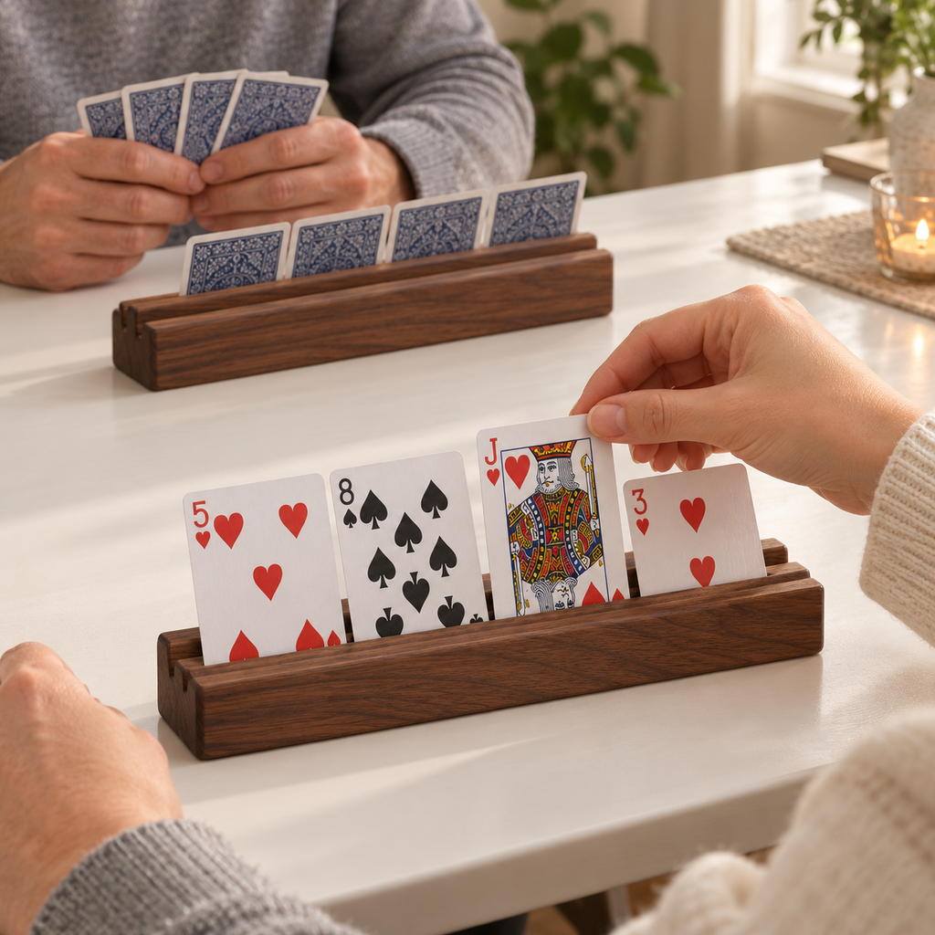 Walnut Wooden Playing Card Holders – 2-Piece Tabletop Display Rack Set with Angled Slots