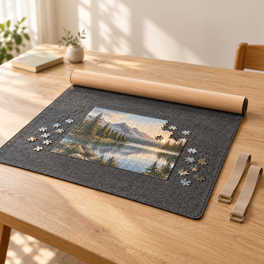 Charcoal Felt Roll-Up Puzzle Storage Mat with Wooden Rolling Tube & Fastening Straps