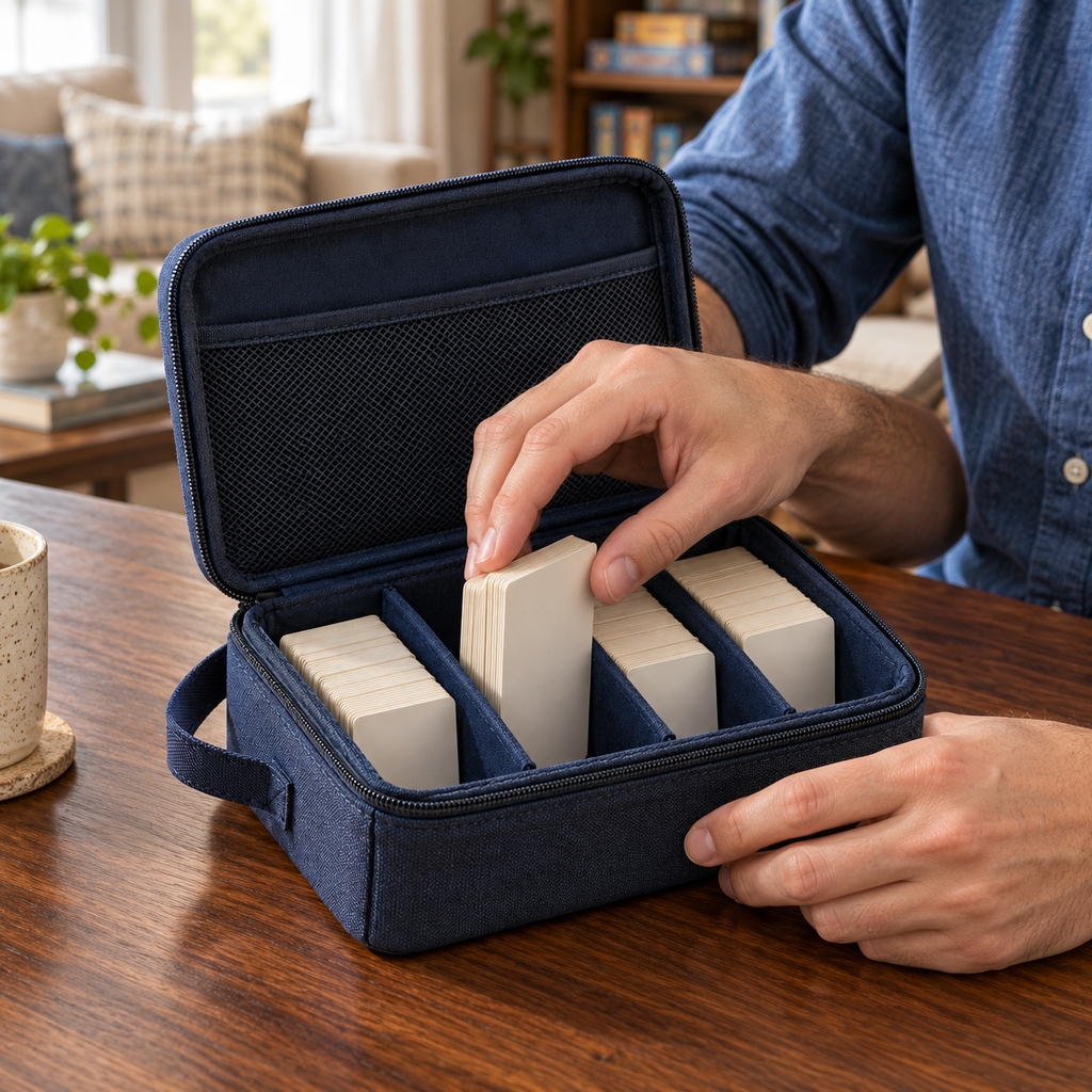 Navy Blue Zippered Card Storage Case with Adjustable Dividers & Carry Handle