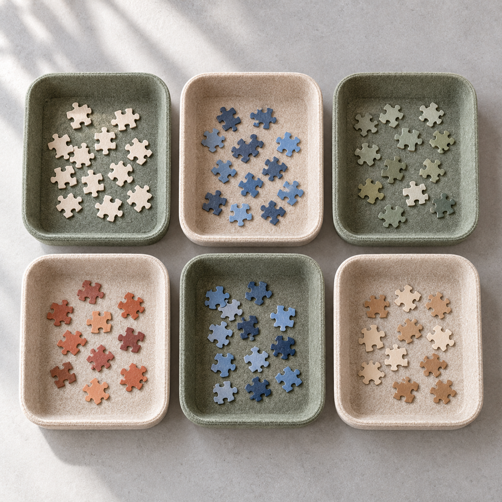 Stackable Felt Puzzle Sorting Trays – 6-Piece Organizer Set in Sage Green & Oatmeal
