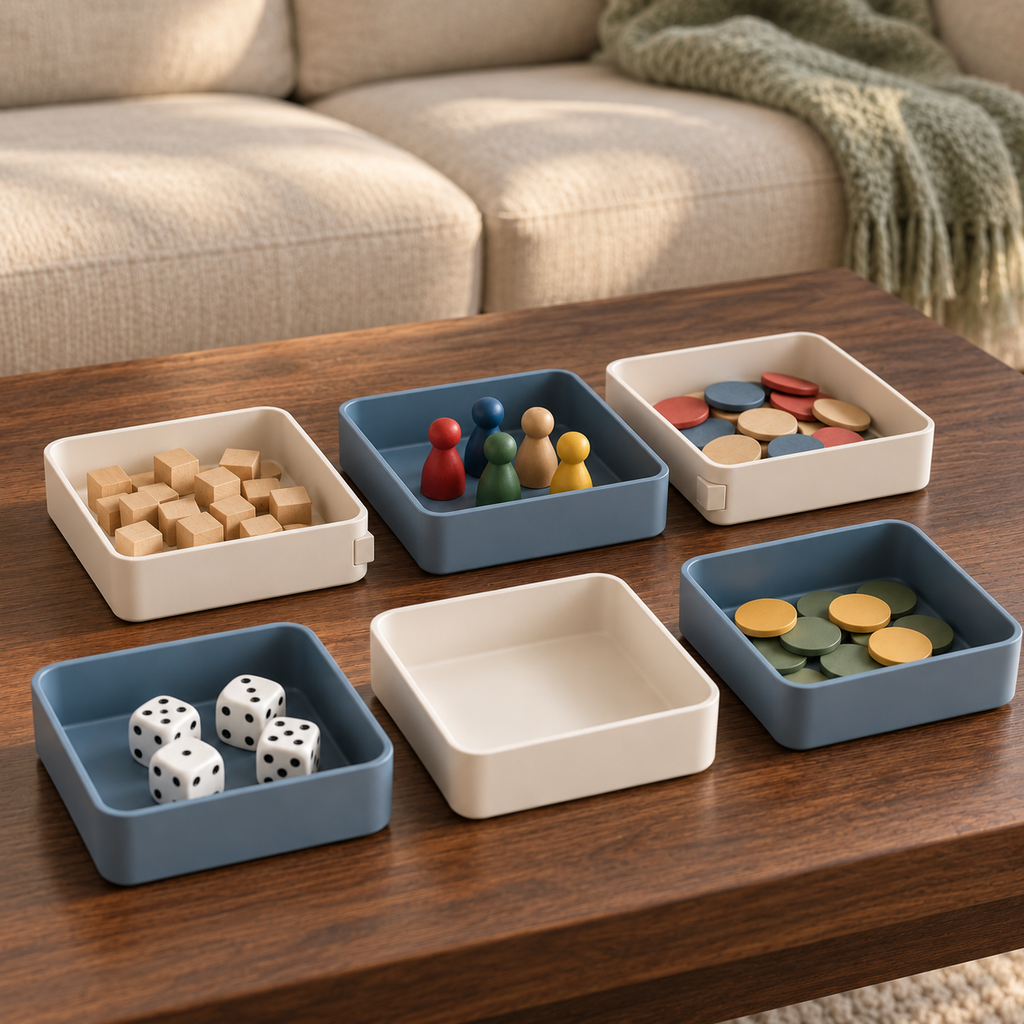 Modular Board Game Component Trays – 6-Piece Connecting Organizer Set in Cream & Slate Blue