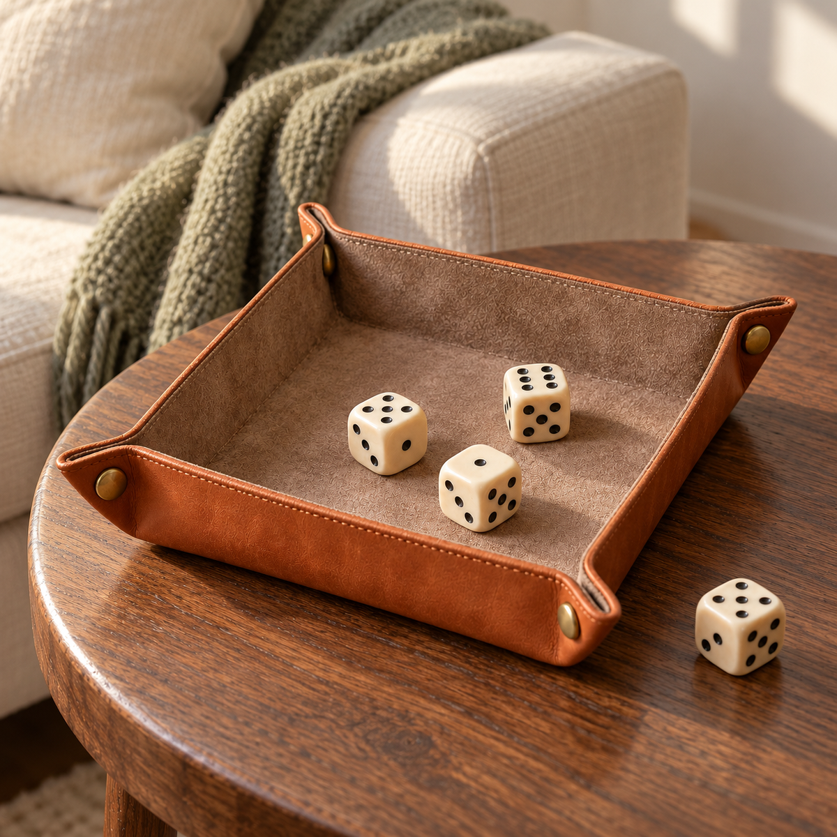 Caramel Folding Dice Tray with Snap Corners & Soft Lining for Tabletop Games
