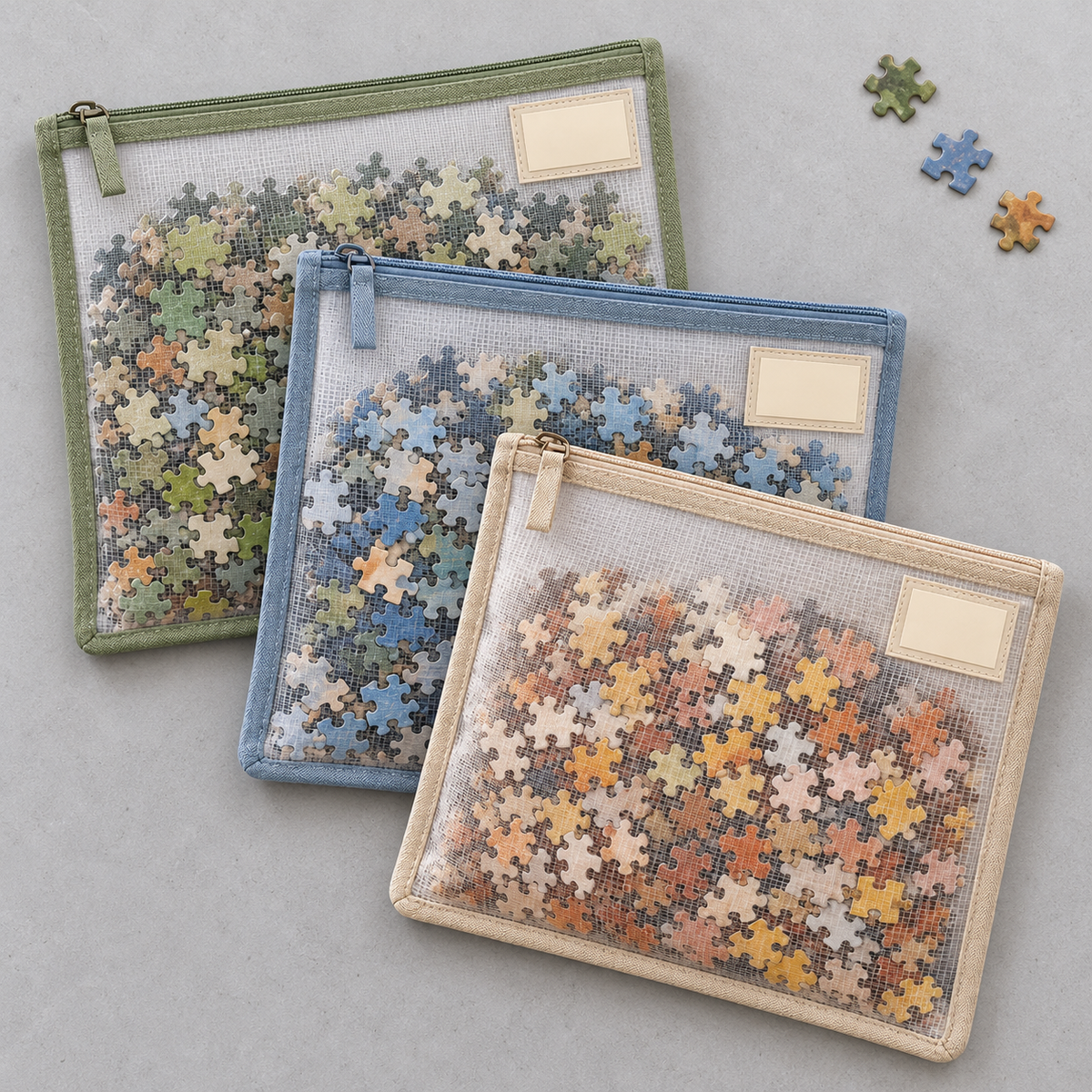 Mesh Zipper Puzzle Storage Bags – 3-Piece Organizer Set with Label Pockets in Sage, Blue & Oatmeal