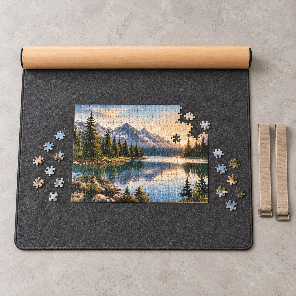 Charcoal Felt Roll-Up Puzzle Storage Mat with Wooden Rolling Tube & Fastening Straps