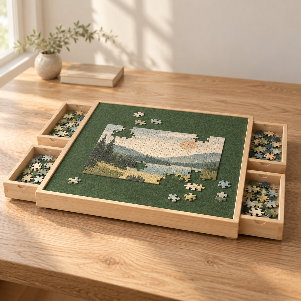 Wooden Puzzle Organizer Board with 4 Sorting Drawers & Forest Green Felt Surface