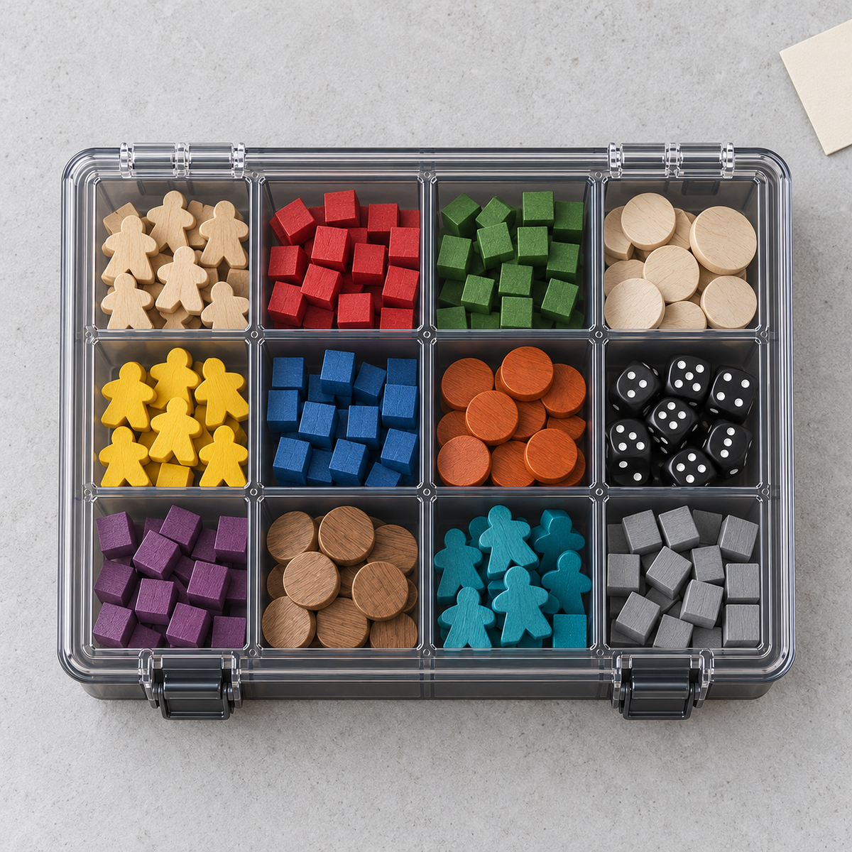 12-Compartment Board Game Storage Box with Clear Hinged Lid & Dual Snap Latches