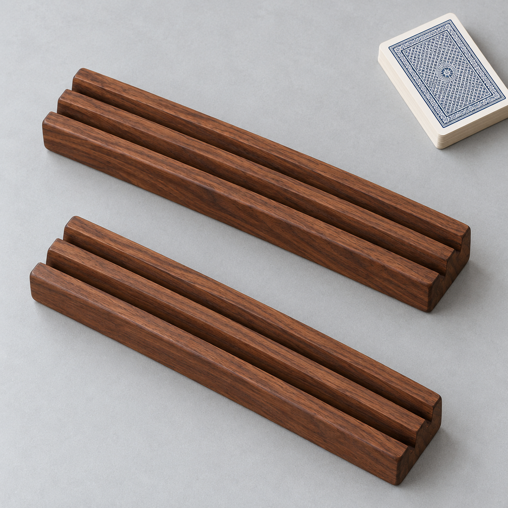 Walnut Wooden Playing Card Holders – 2-Piece Tabletop Display Rack Set with Angled Slots