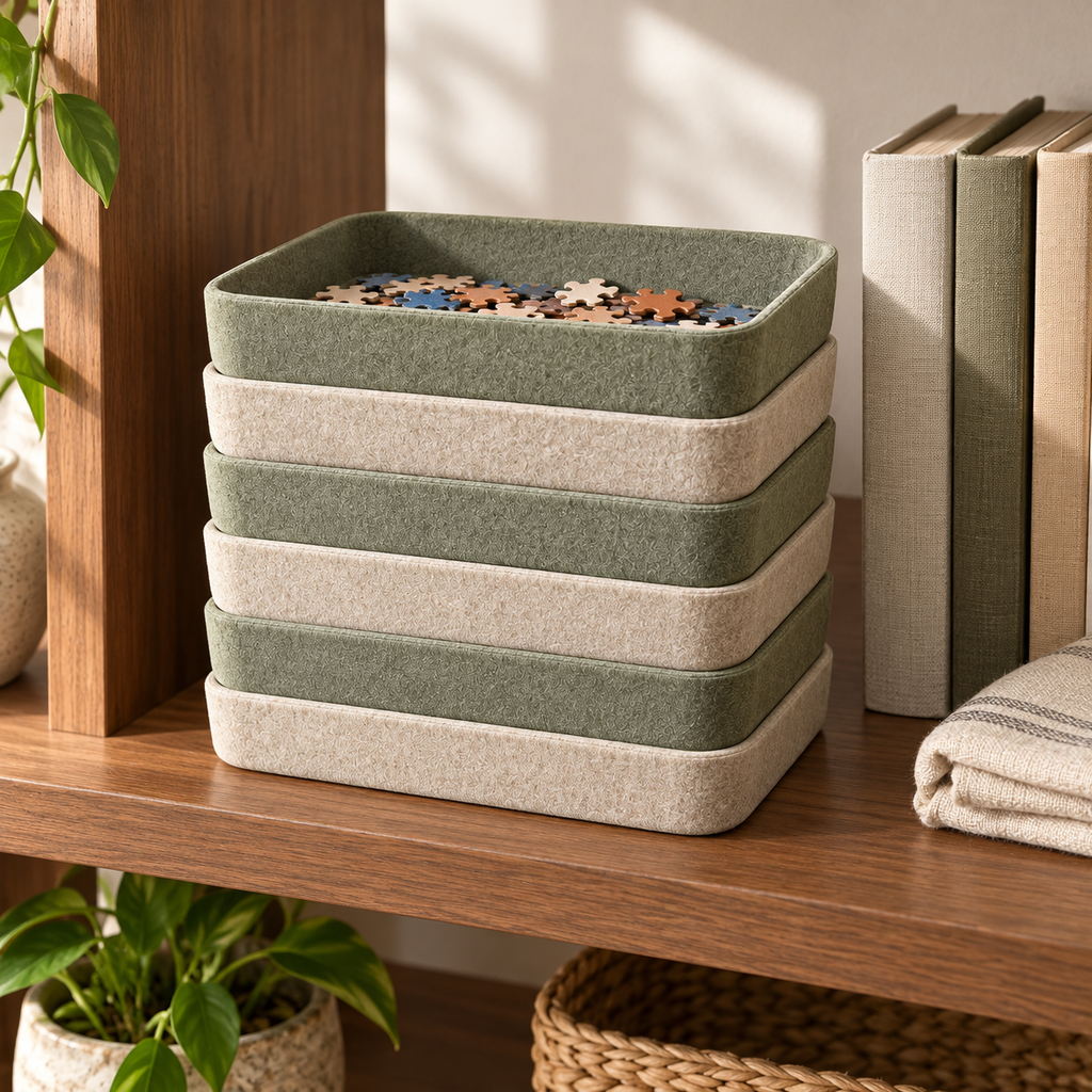 Stackable Felt Puzzle Sorting Trays – 6-Piece Organizer Set in Sage Green & Oatmeal