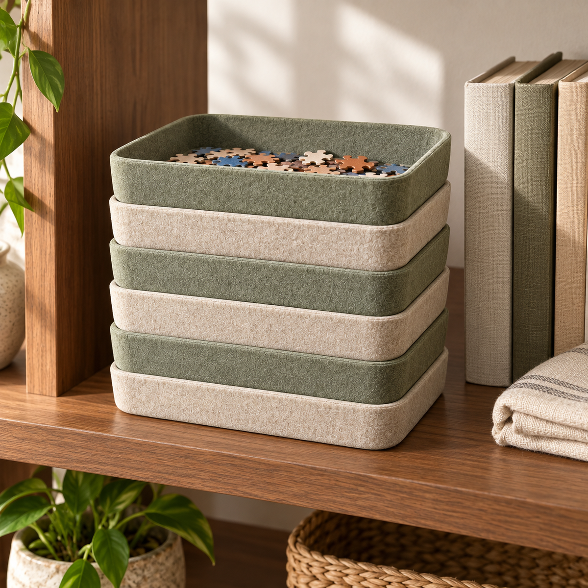 Stackable Felt Puzzle Sorting Trays – 6-Piece Organizer Set in Sage Green & Oatmeal