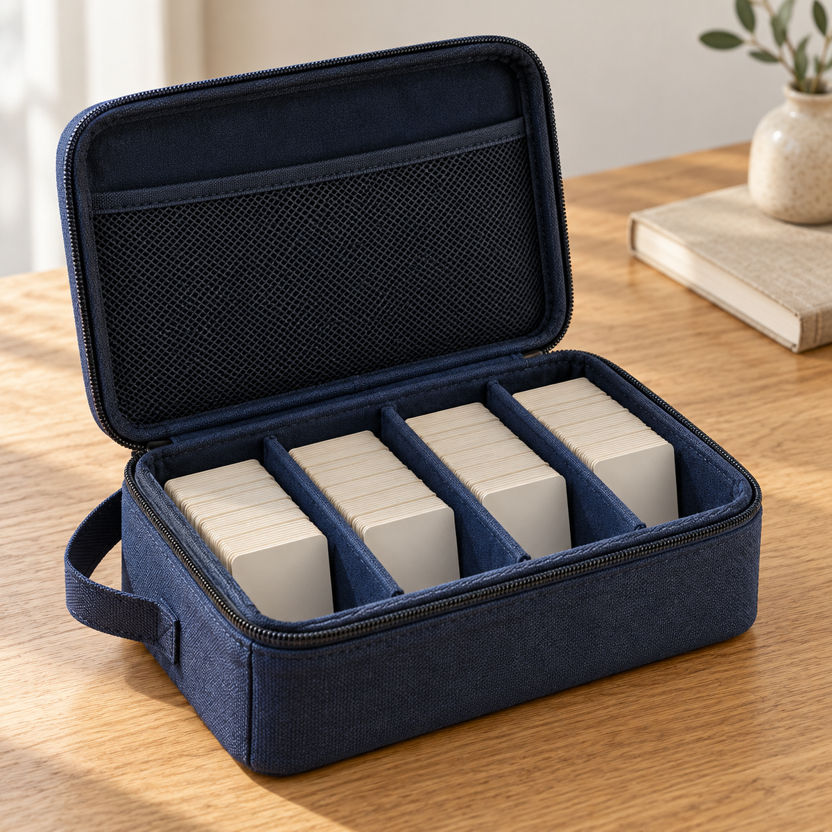 Navy Blue Zippered Card Storage Case with Adjustable Dividers & Carry Handle