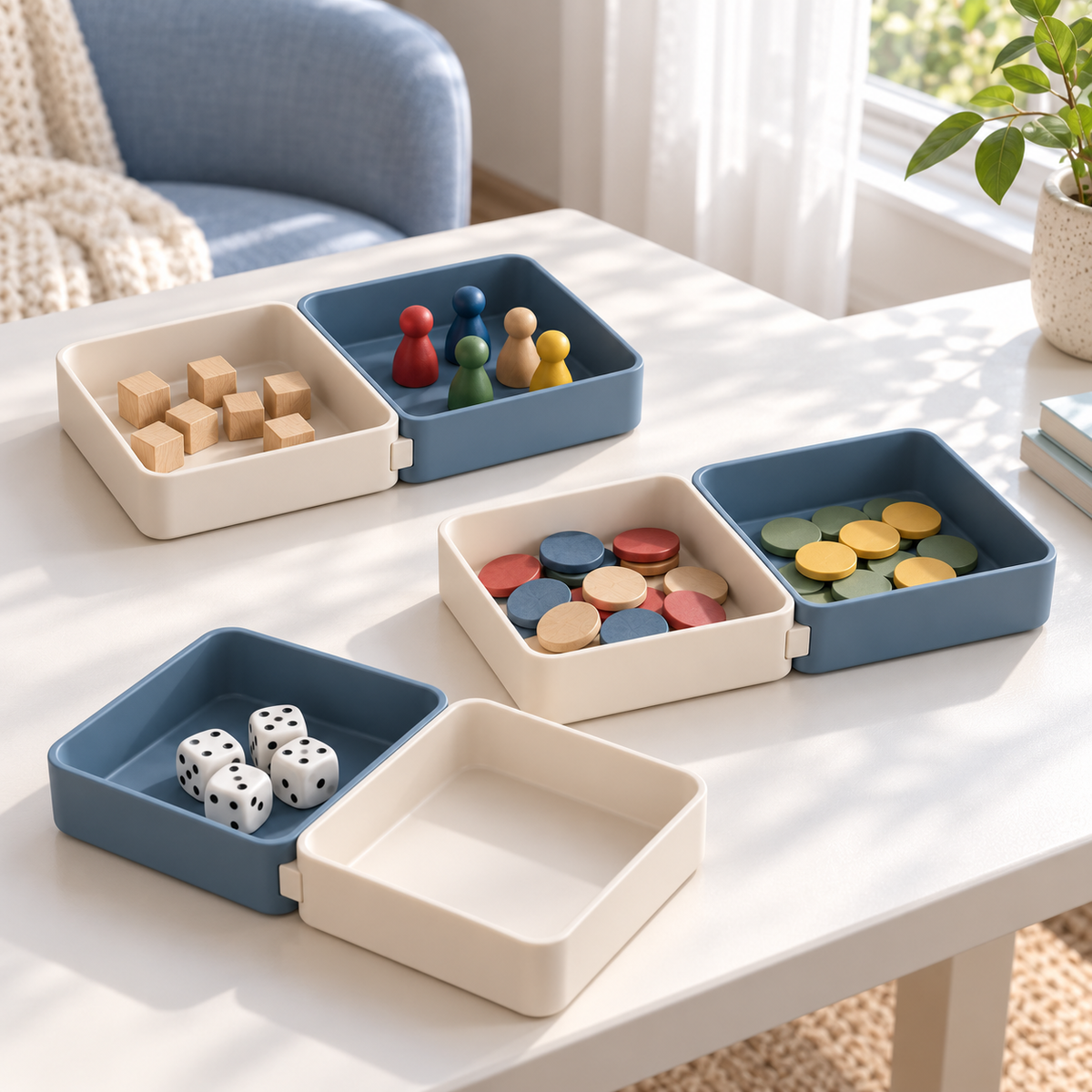 Modular Board Game Component Trays – 6-Piece Connecting Organizer Set in Cream & Slate Blue