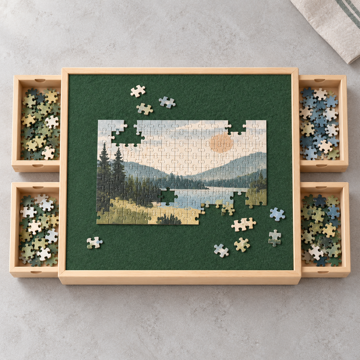 Wooden Puzzle Organizer Board with 4 Sorting Drawers & Forest Green Felt Surface