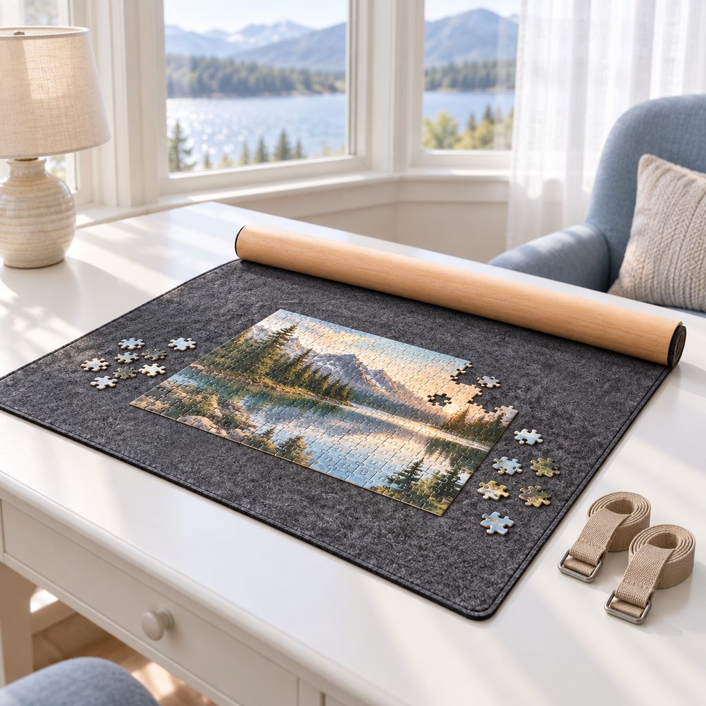 Charcoal Felt Roll-Up Puzzle Storage Mat with Wooden Rolling Tube & Fastening Straps