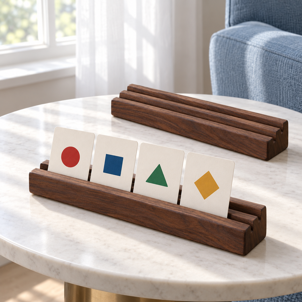 Walnut Wooden Playing Card Holders – 2-Piece Tabletop Display Rack Set with Angled Slots