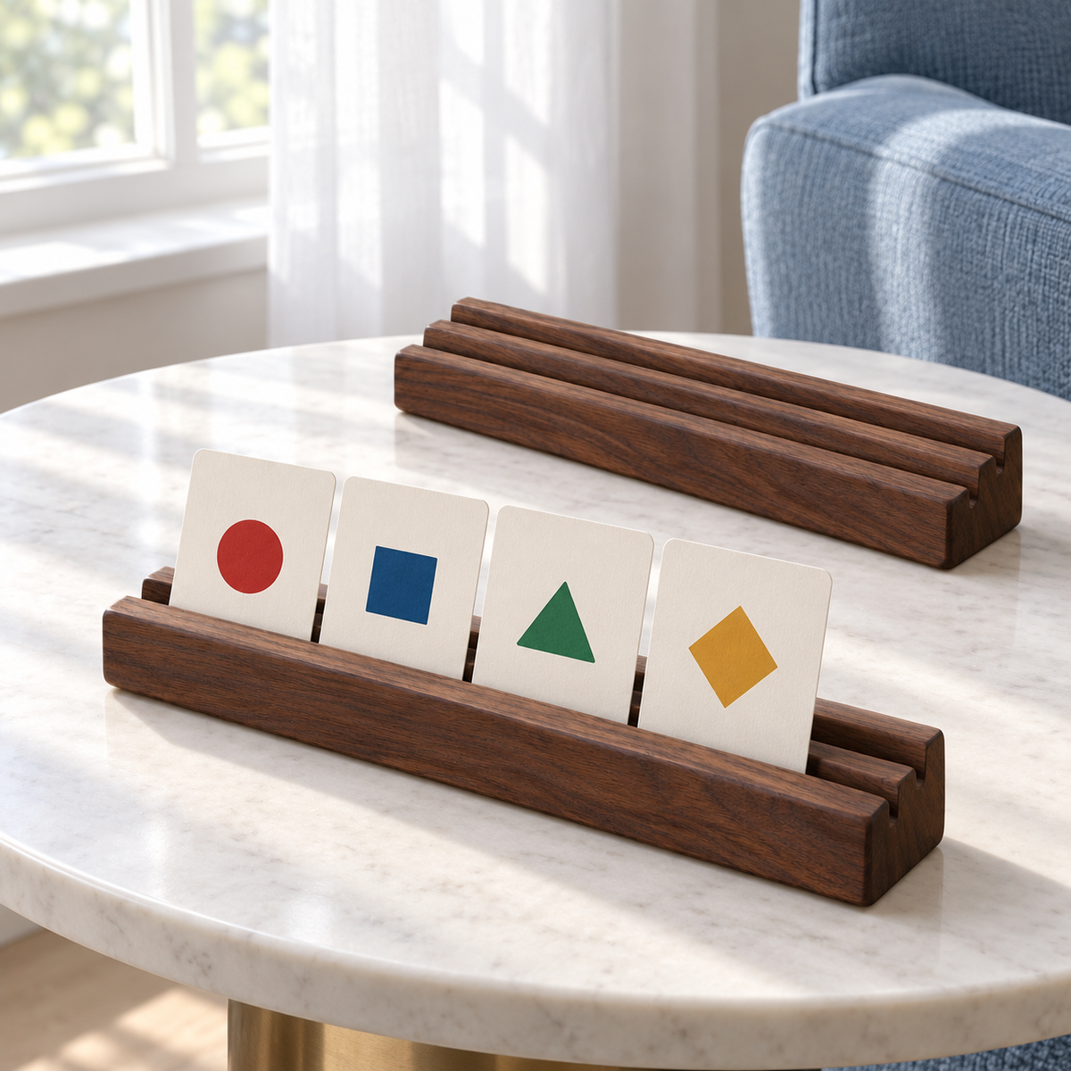 Walnut Wooden Playing Card Holders – 2-Piece Tabletop Display Rack Set with Angled Slots
