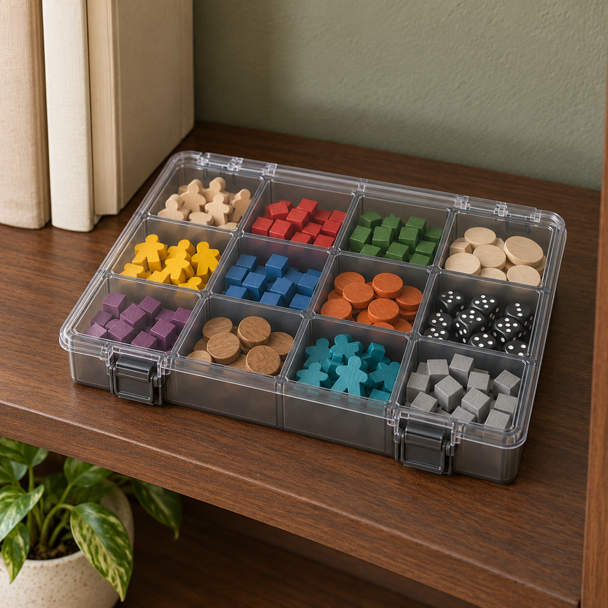 12-Compartment Board Game Storage Box with Clear Hinged Lid & Dual Snap Latches