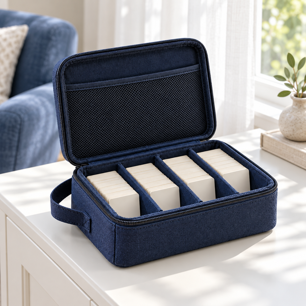 Navy Blue Zippered Card Storage Case with Adjustable Dividers & Carry Handle