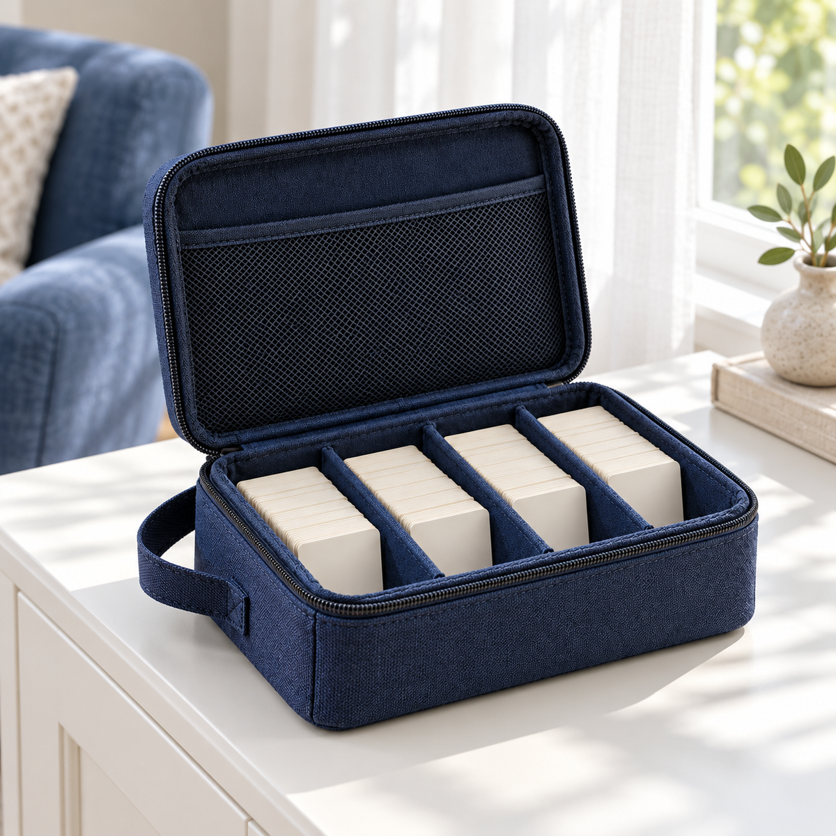 Navy Blue Zippered Card Storage Case with Adjustable Dividers & Carry Handle