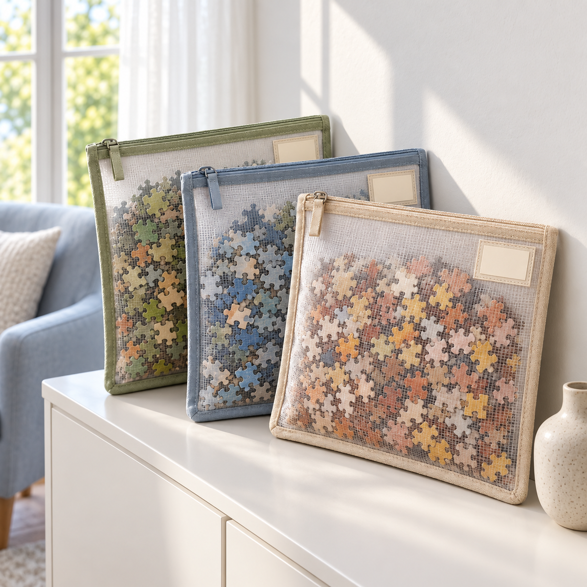 Mesh Zipper Puzzle Storage Bags – 3-Piece Organizer Set with Label Pockets in Sage, Blue & Oatmeal