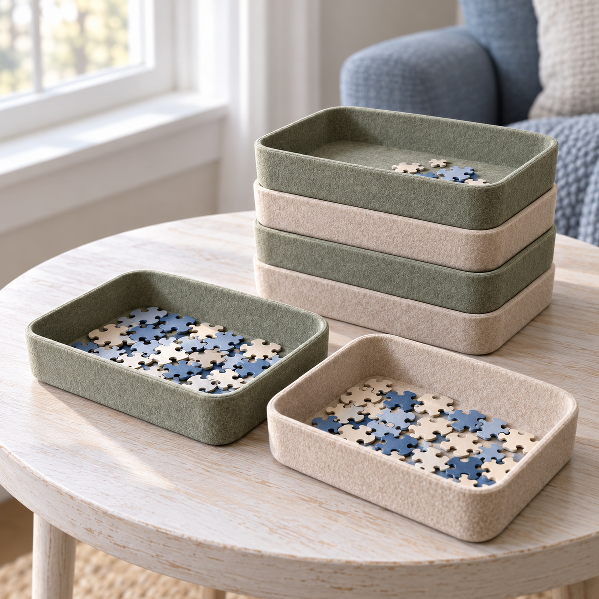 Stackable Felt Puzzle Sorting Trays – 6-Piece Organizer Set in Sage Green & Oatmeal