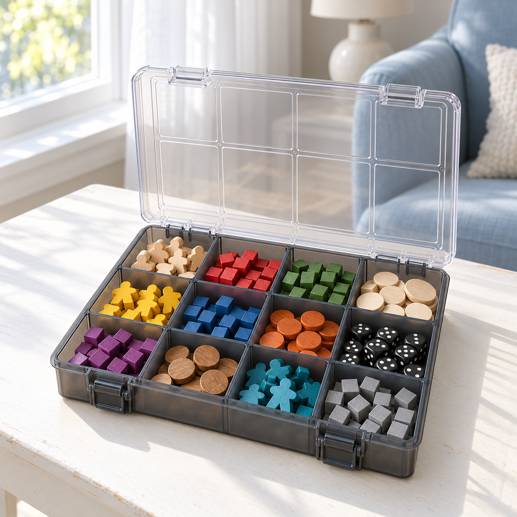 12-Compartment Board Game Storage Box with Clear Hinged Lid & Dual Snap Latches