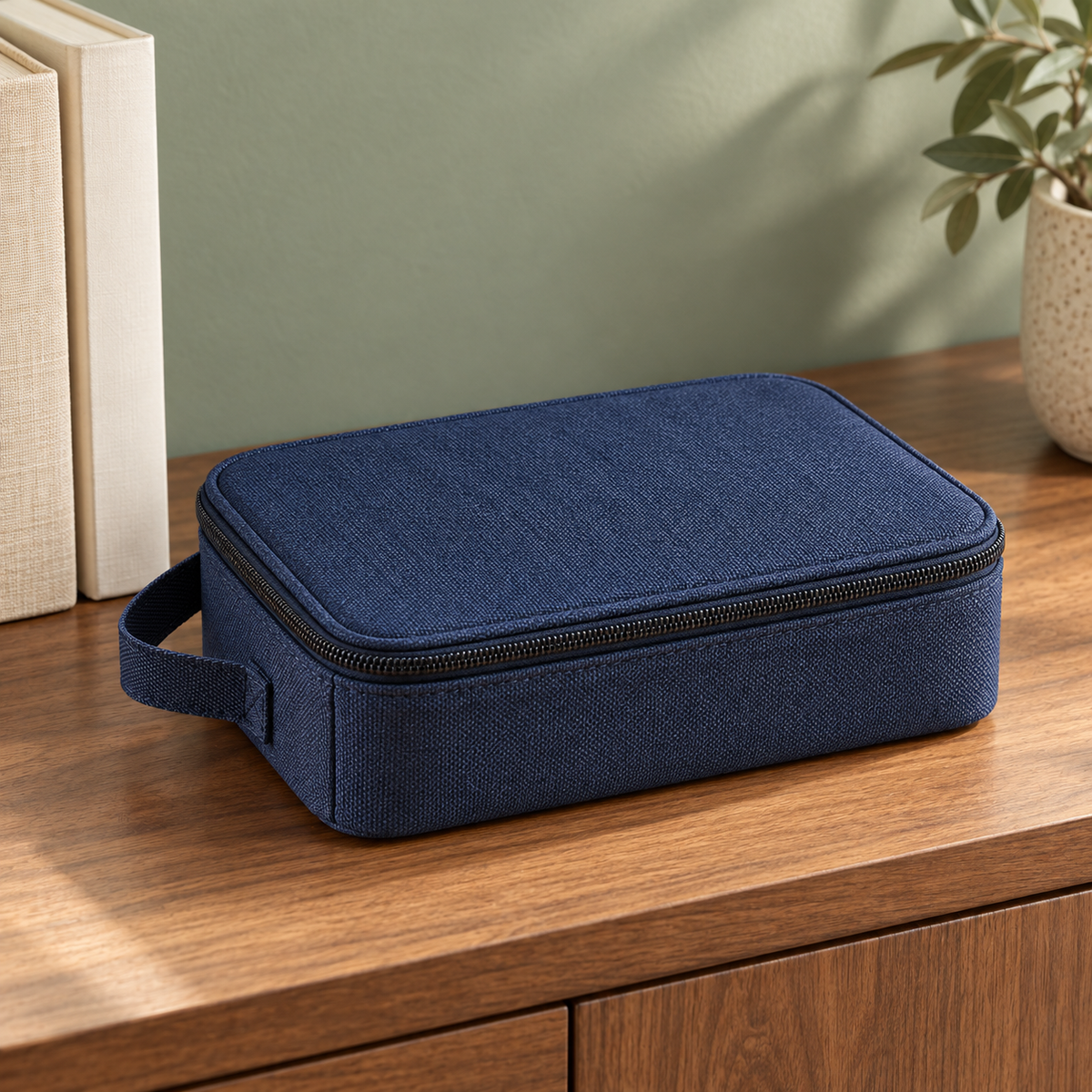 Navy Blue Zippered Card Storage Case with Adjustable Dividers & Carry Handle