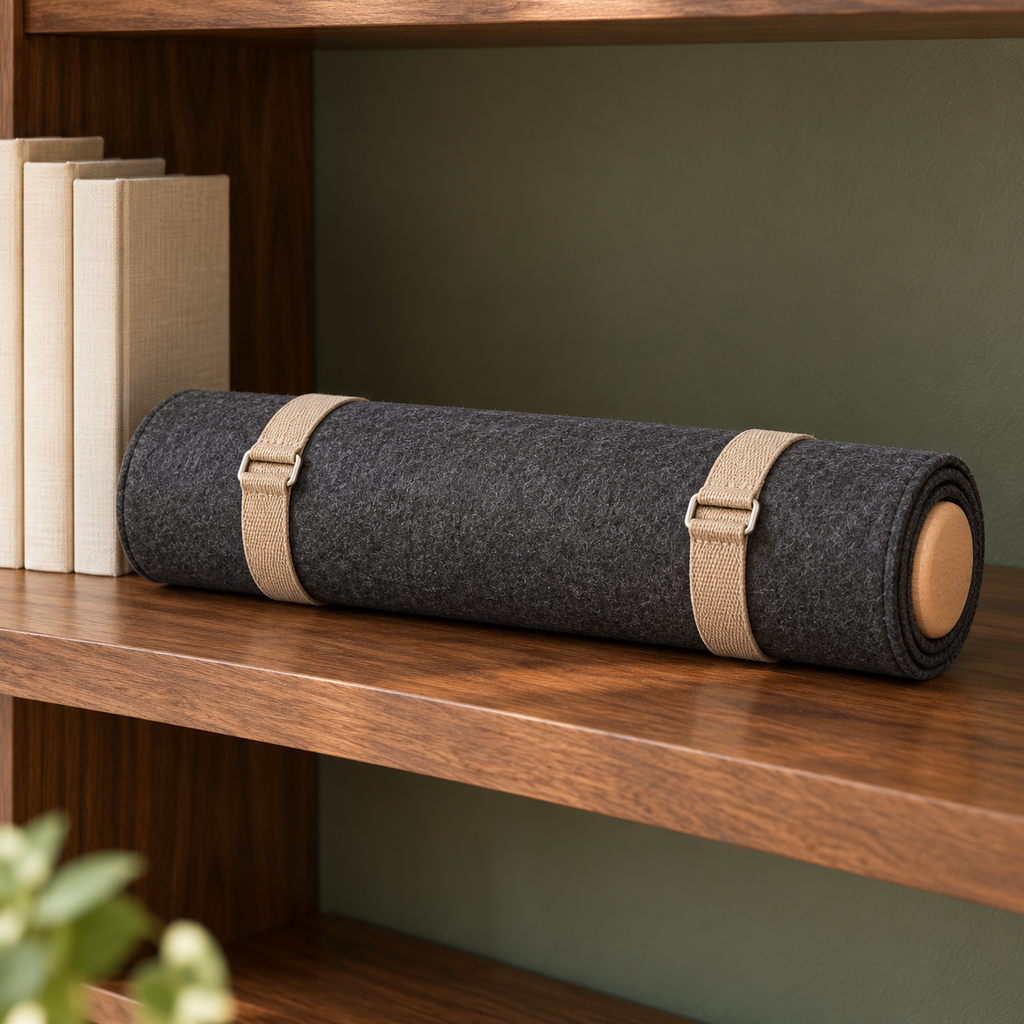Charcoal Felt Roll-Up Puzzle Storage Mat with Wooden Rolling Tube & Fastening Straps