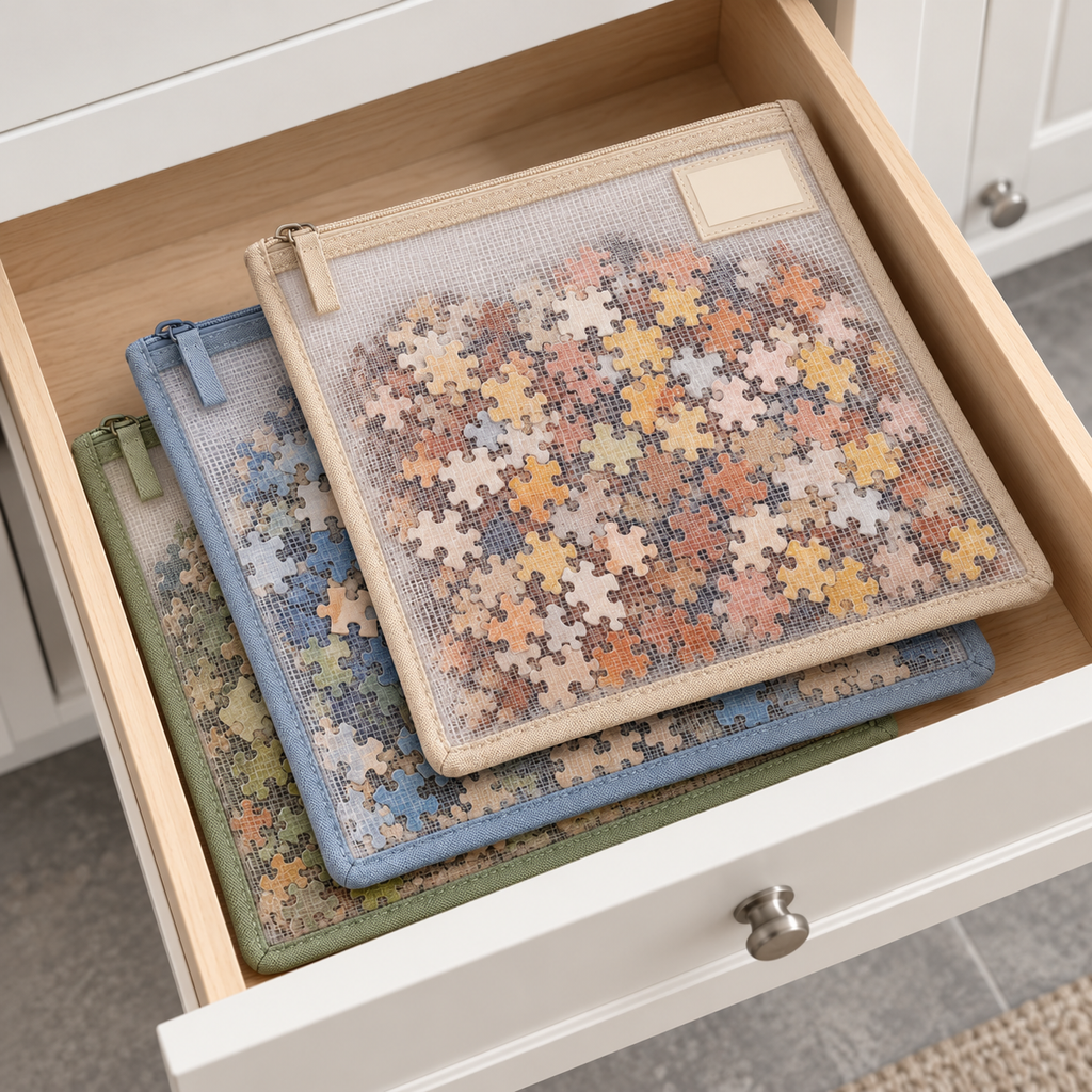 Mesh Zipper Puzzle Storage Bags – 3-Piece Organizer Set with Label Pockets in Sage, Blue & Oatmeal