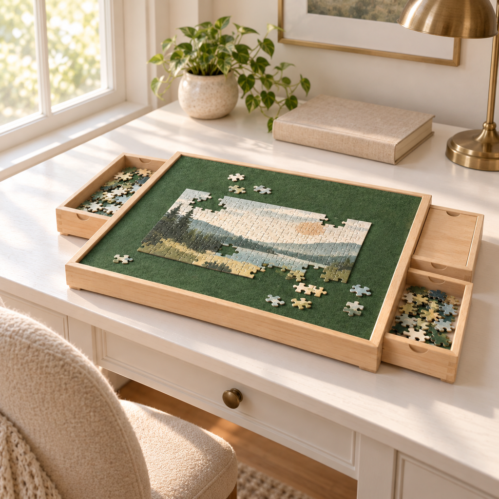 Wooden Puzzle Organizer Board with 4 Sorting Drawers & Forest Green Felt Surface